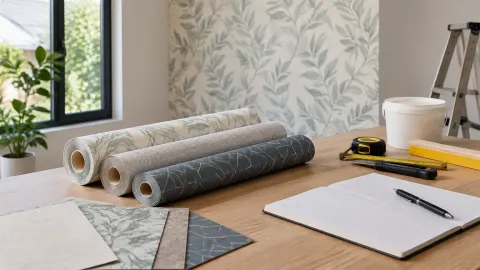 Gulungan wallpaper dan sampel motif di depan dinding ruang duduk