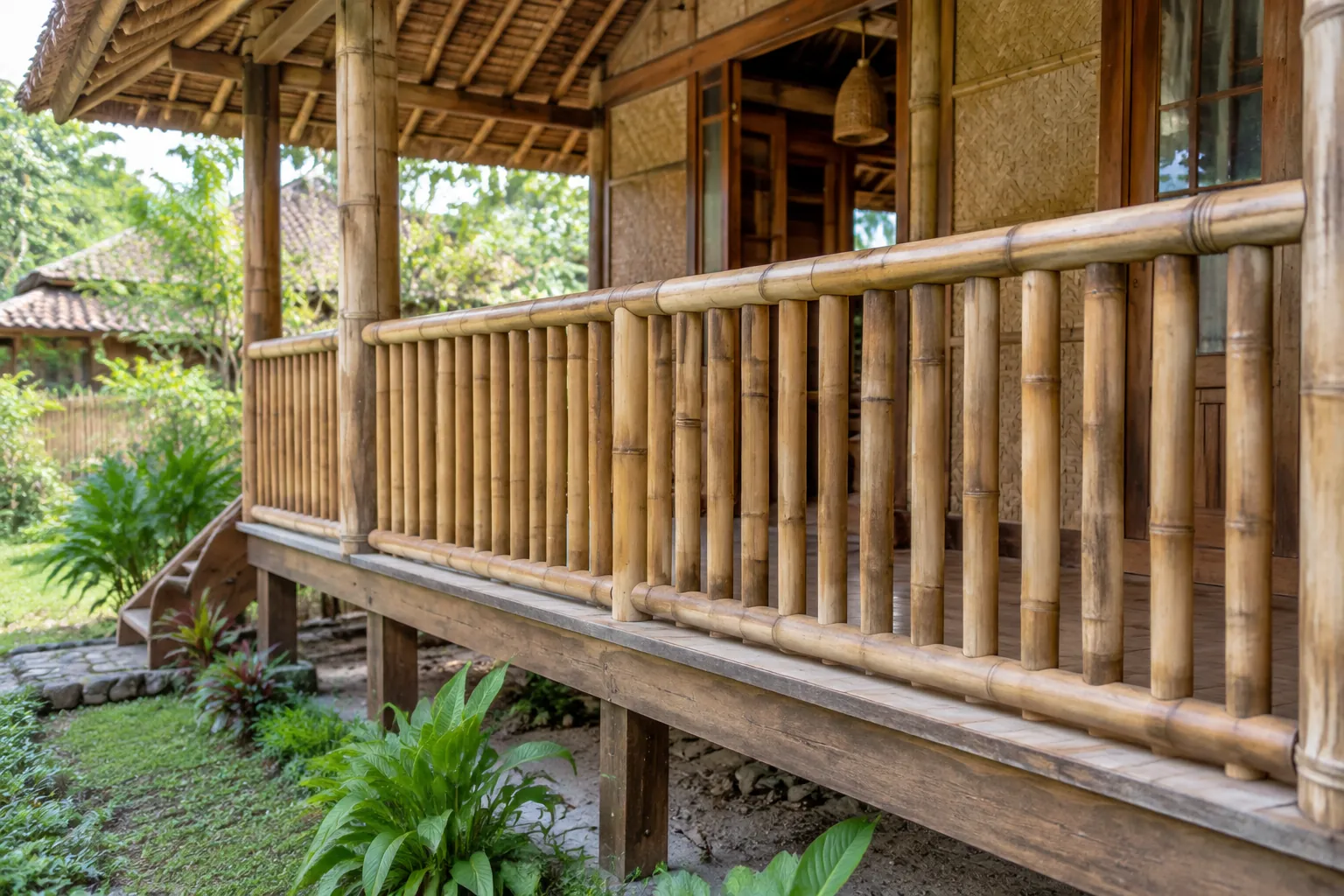Pagar bambu membatasi serambi rumah bergaya tradisional