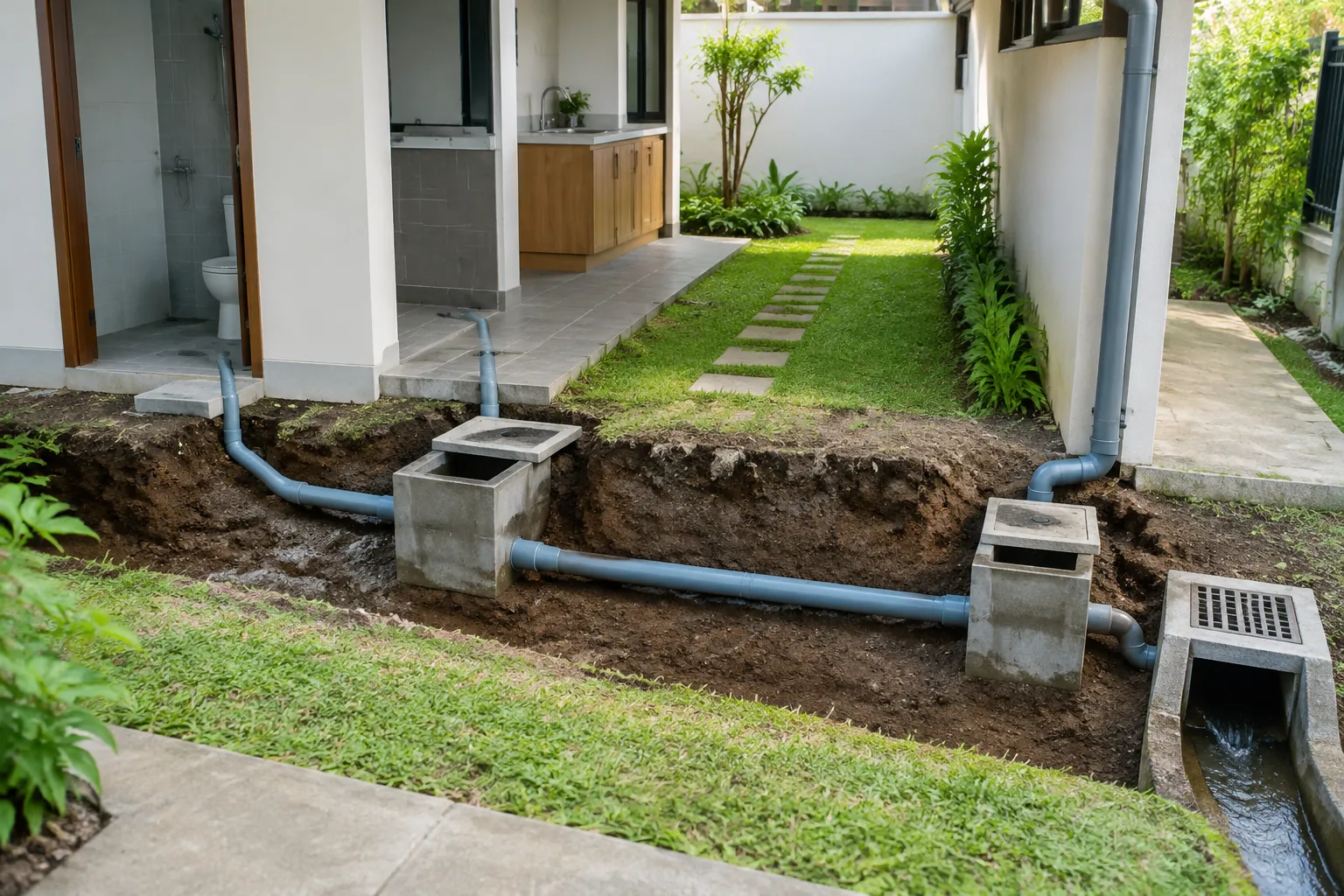 Beberapa bak kontrol drainase dihubungkan pipa pada sisi halaman