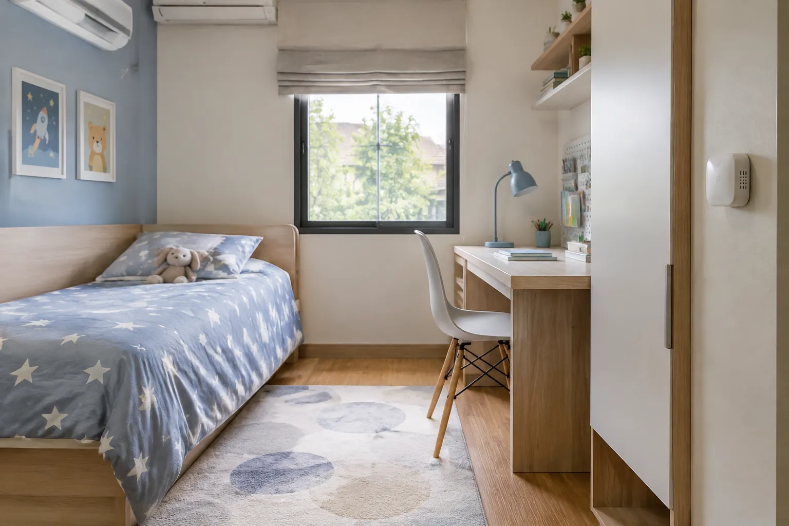 Kamar anak dengan tempat tidur, jendela, dan lemari.