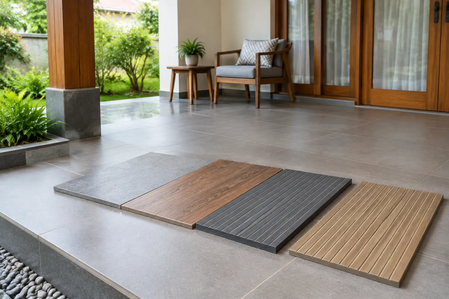 Beberapa contoh bahan lantai teras di dekat furnitur