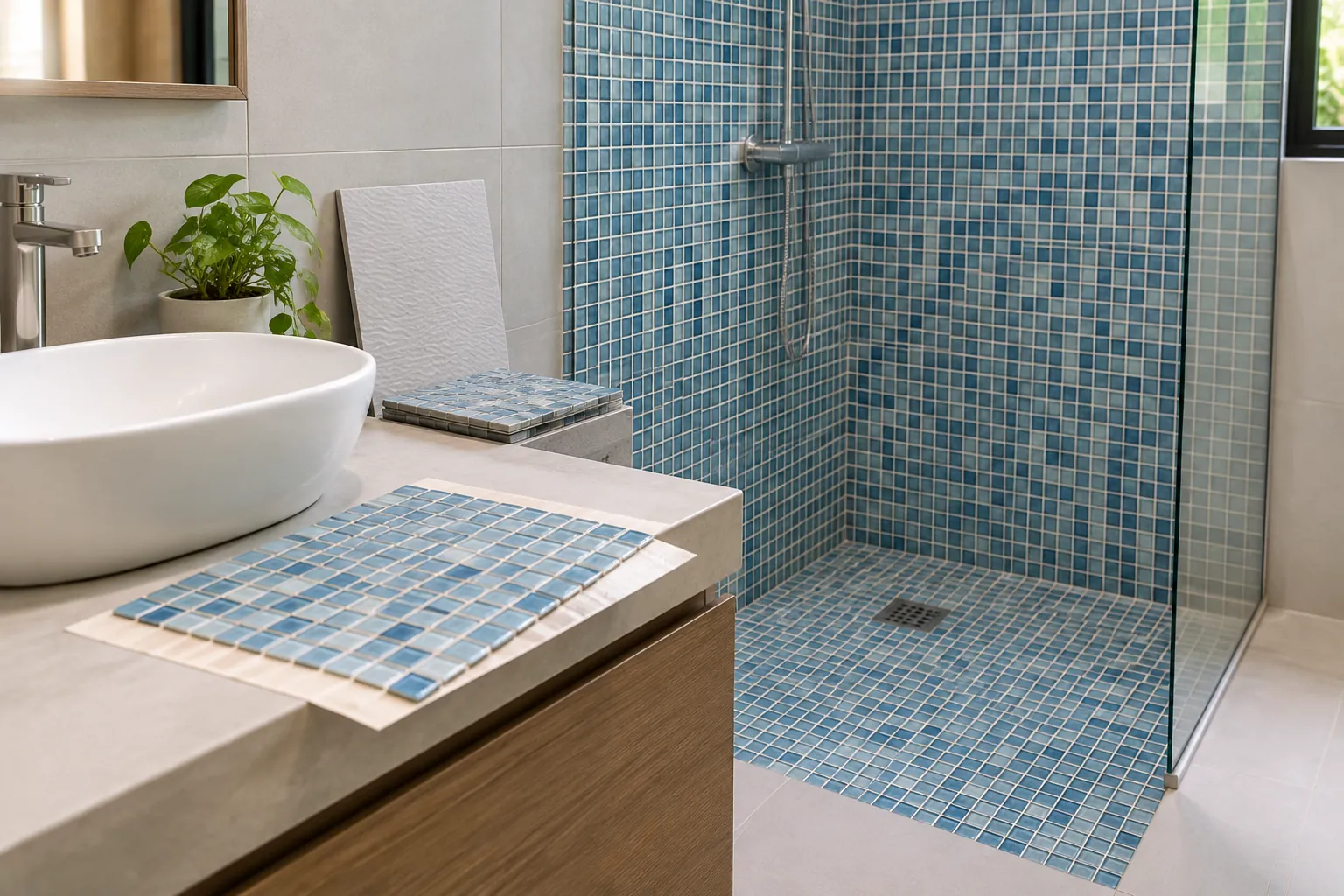 Ubin mosaik biru terpasang pada area pancuran kamar mandi