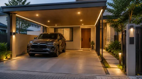 Carport dengan lampu plafon dan lampu taman menyala