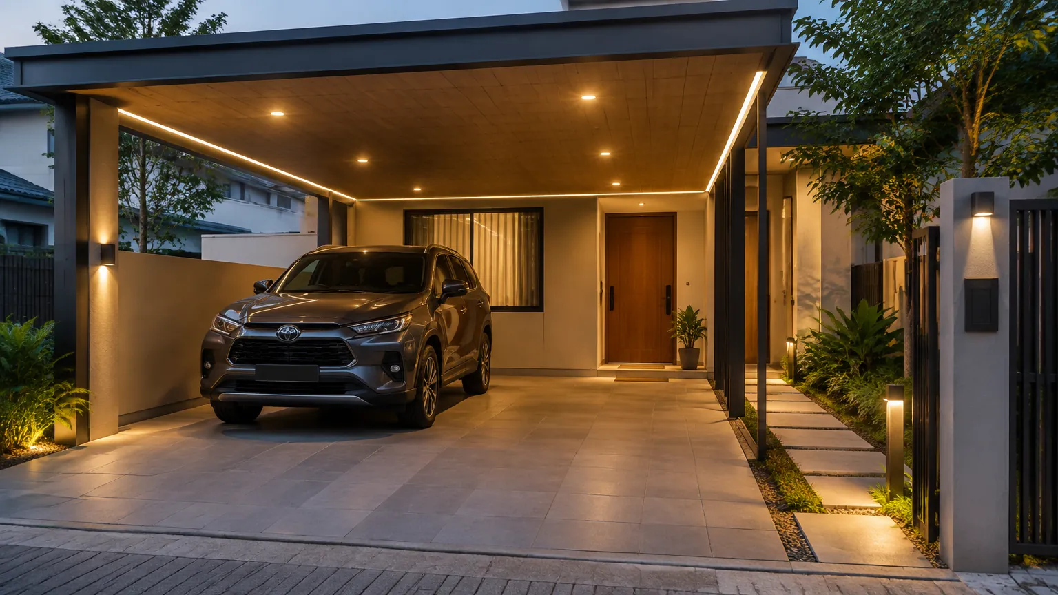 Carport dengan lampu plafon dan lampu taman menyala