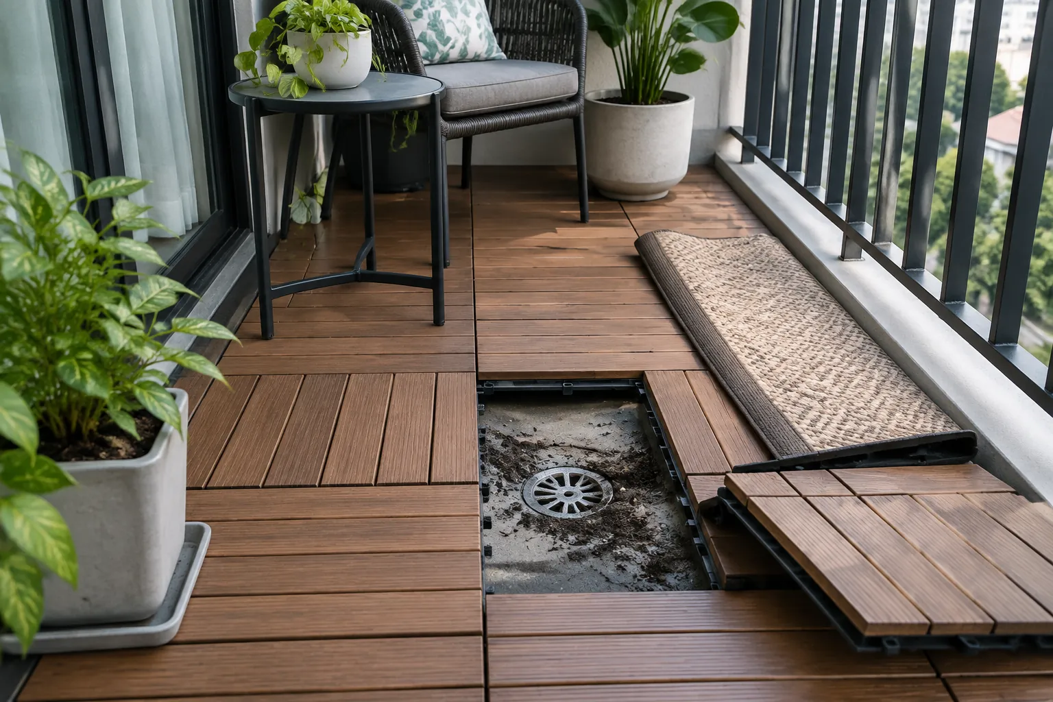Panel lantai kayu balkon diangkat untuk memeriksa saluran di bawahnya