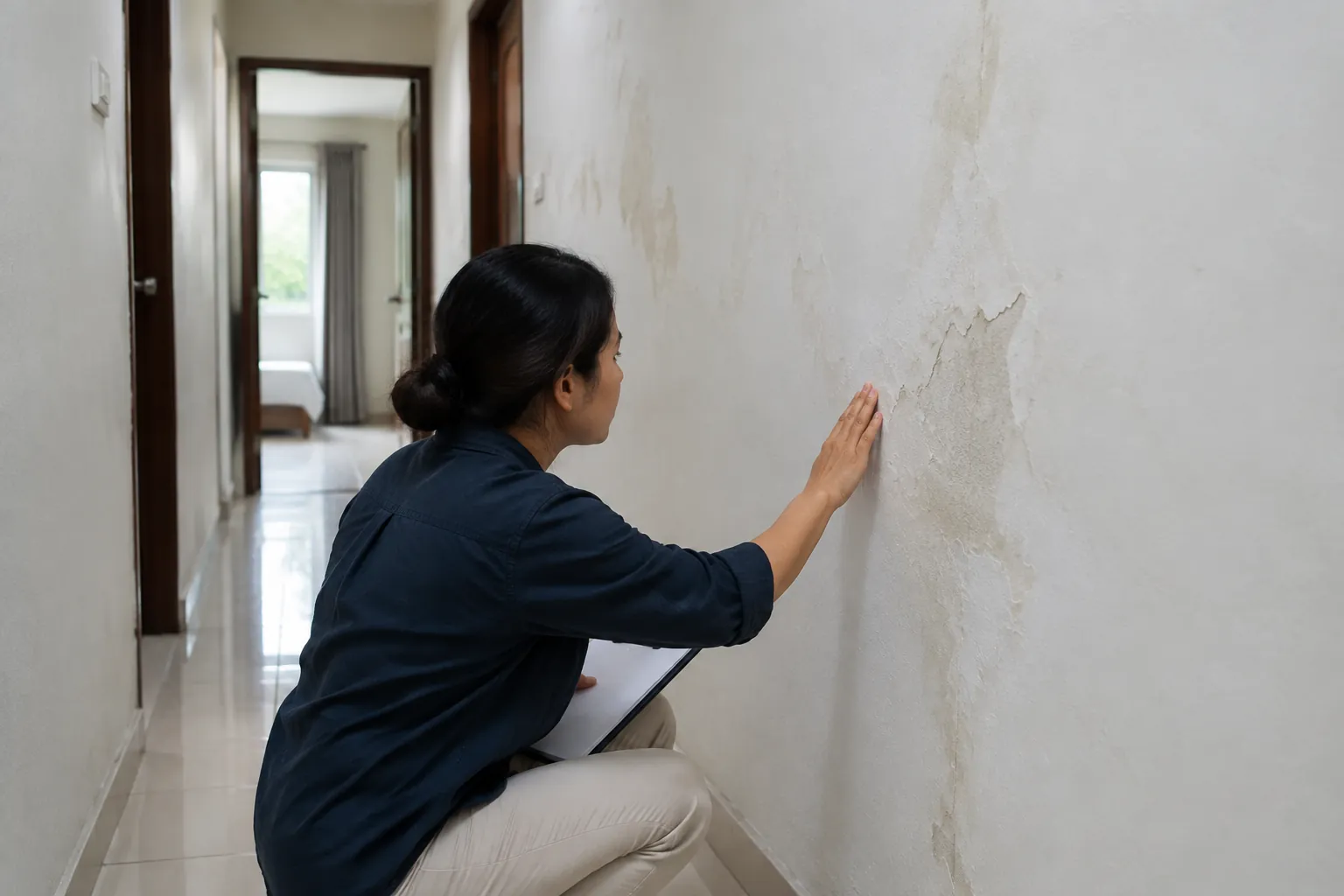 Seseorang memeriksa noda pada dinding lorong
