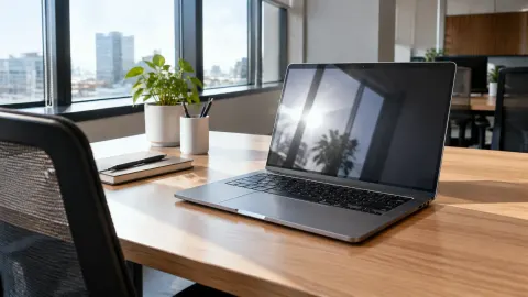 Laptop pada meja kerja di dekat jendela kantor
