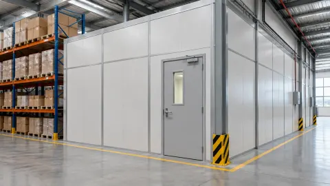 Ruang gudang dengan sekat panel dan pintu logam