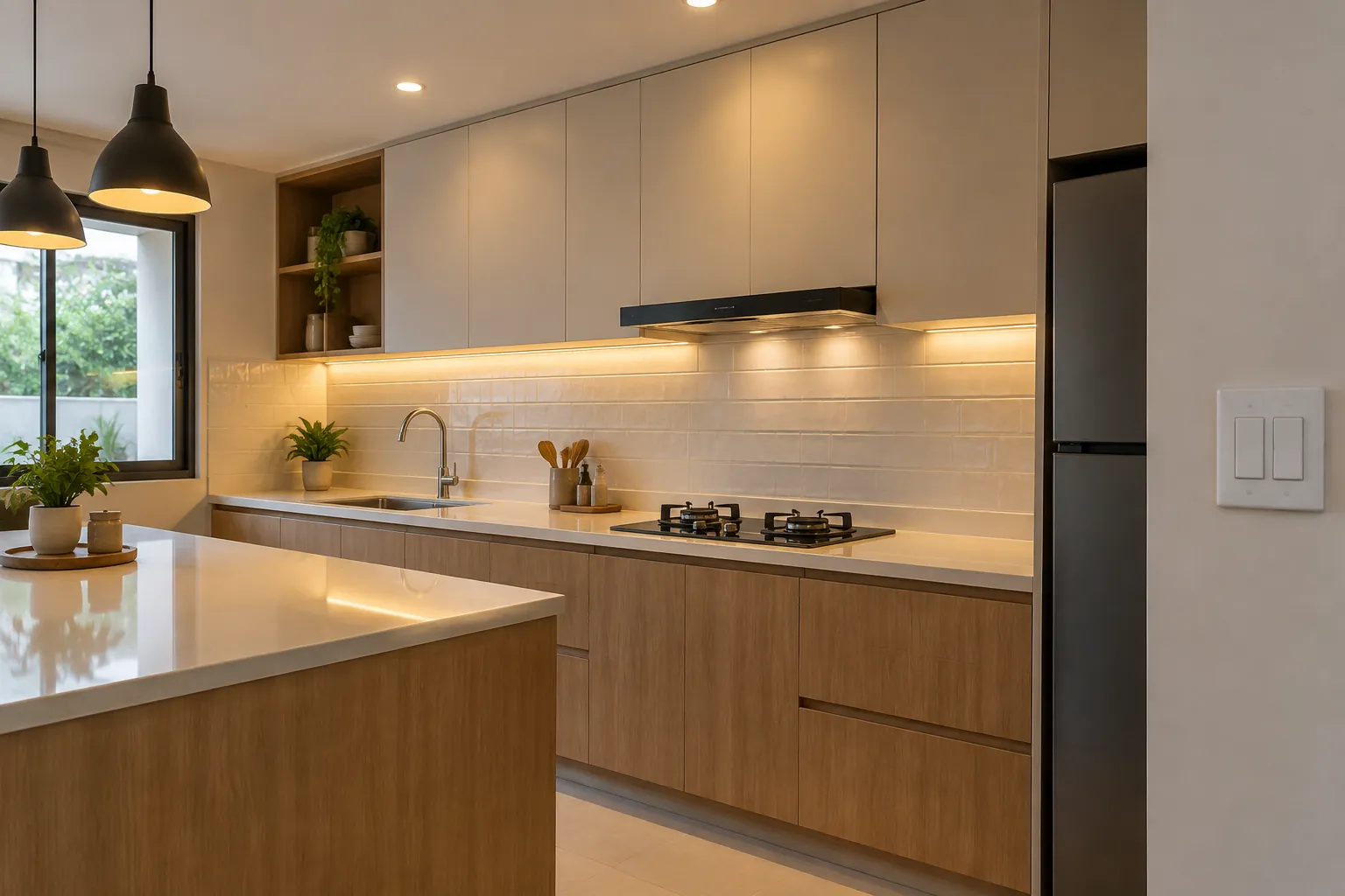 Lampu bawah kabinet menerangi meja dapur