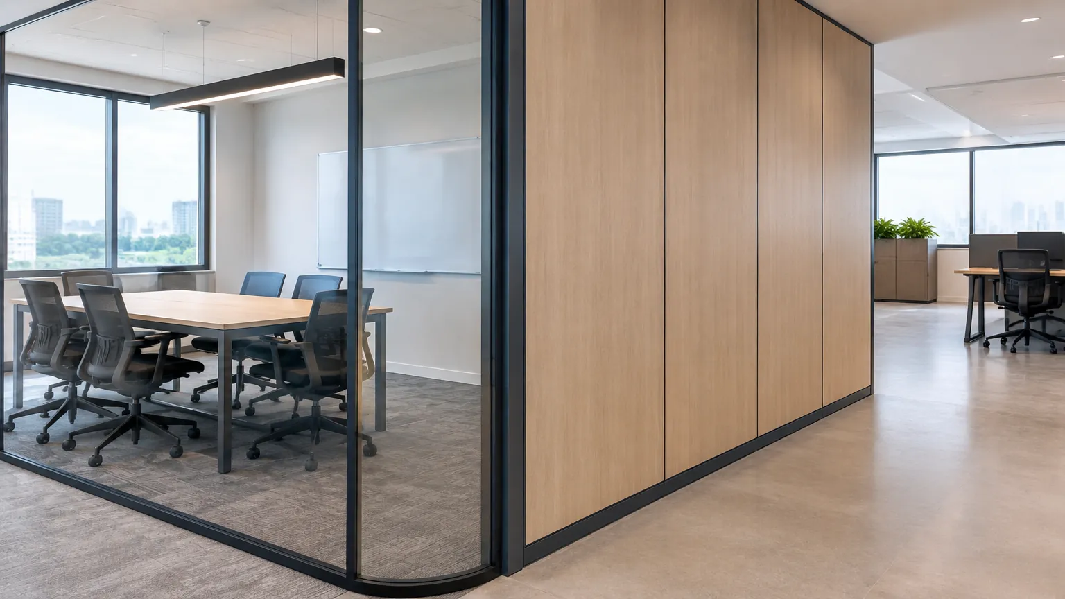 Partisi kaca dan panel kayu membagi ruang kantor