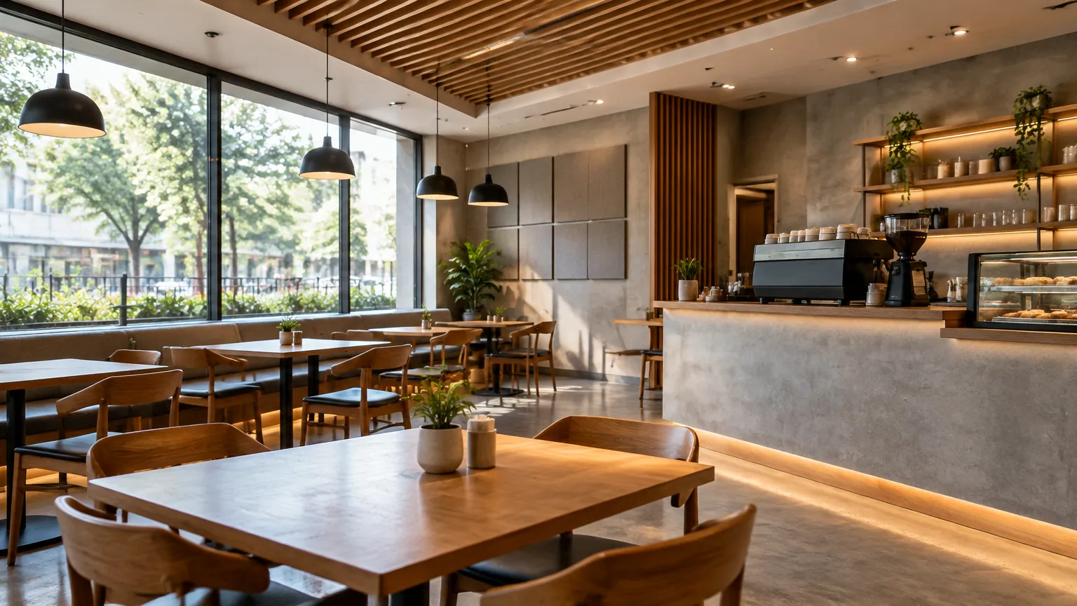 Kafe dengan meja kayu, jendela besar, dan lampu gantung