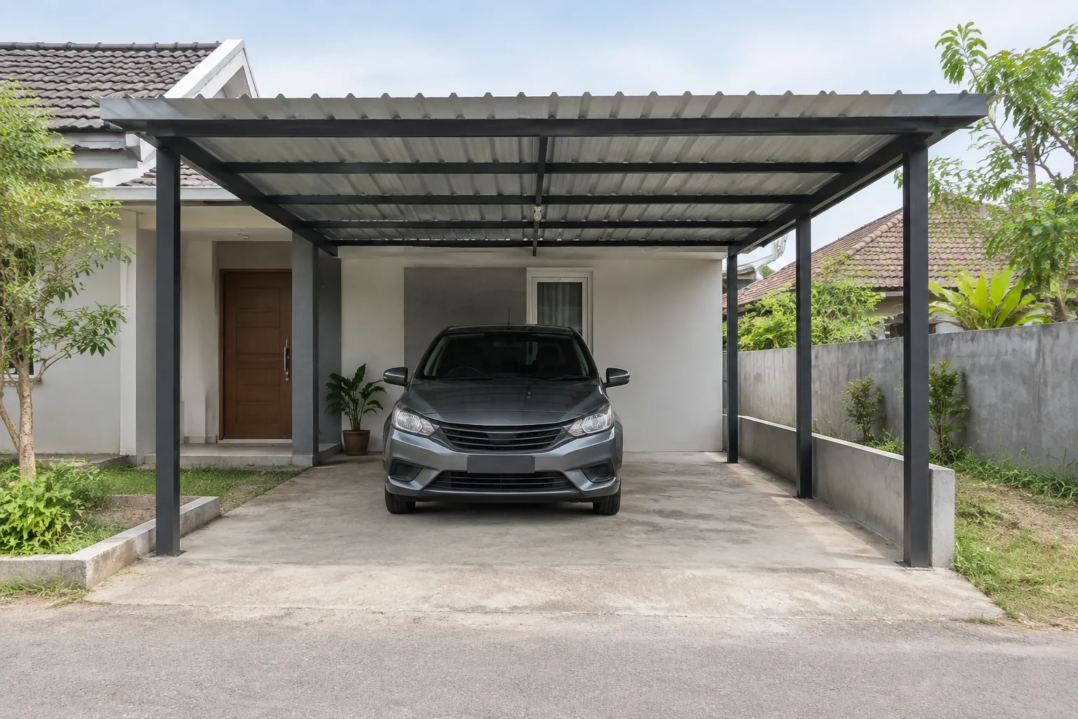 Mobil di bawah atap carport sederhana