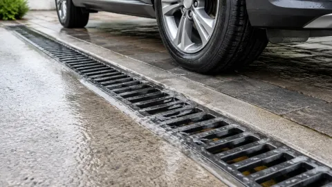 Kisi drainase linear dekat roda mobil pada jalan masuk
