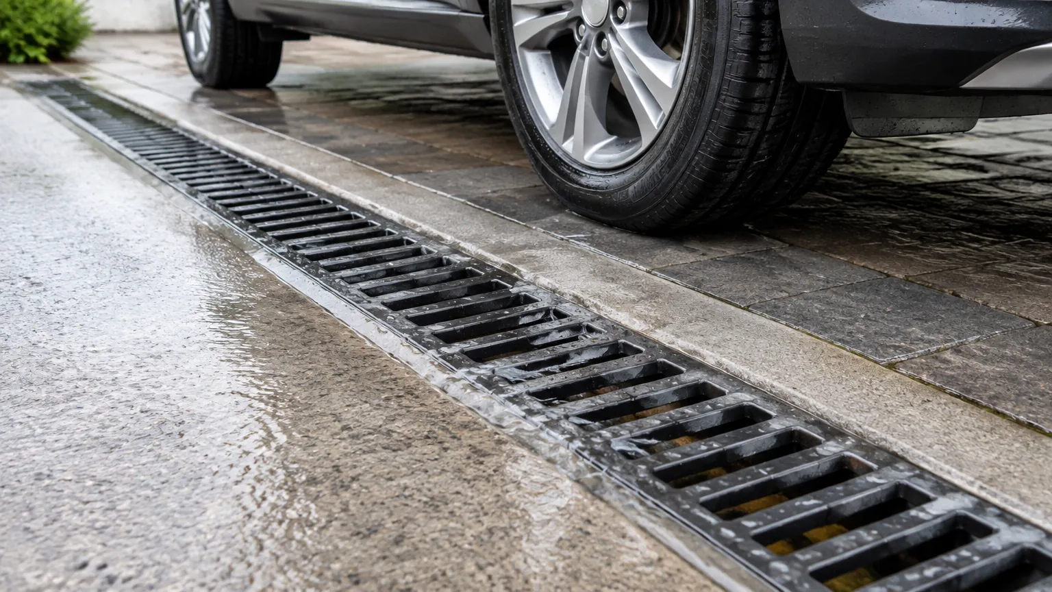 Kisi drainase linear dekat roda mobil pada jalan masuk