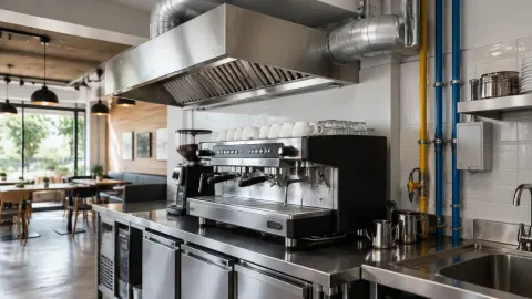 Peralatan masak, ventilasi, dan pipa pada dapur kafe
