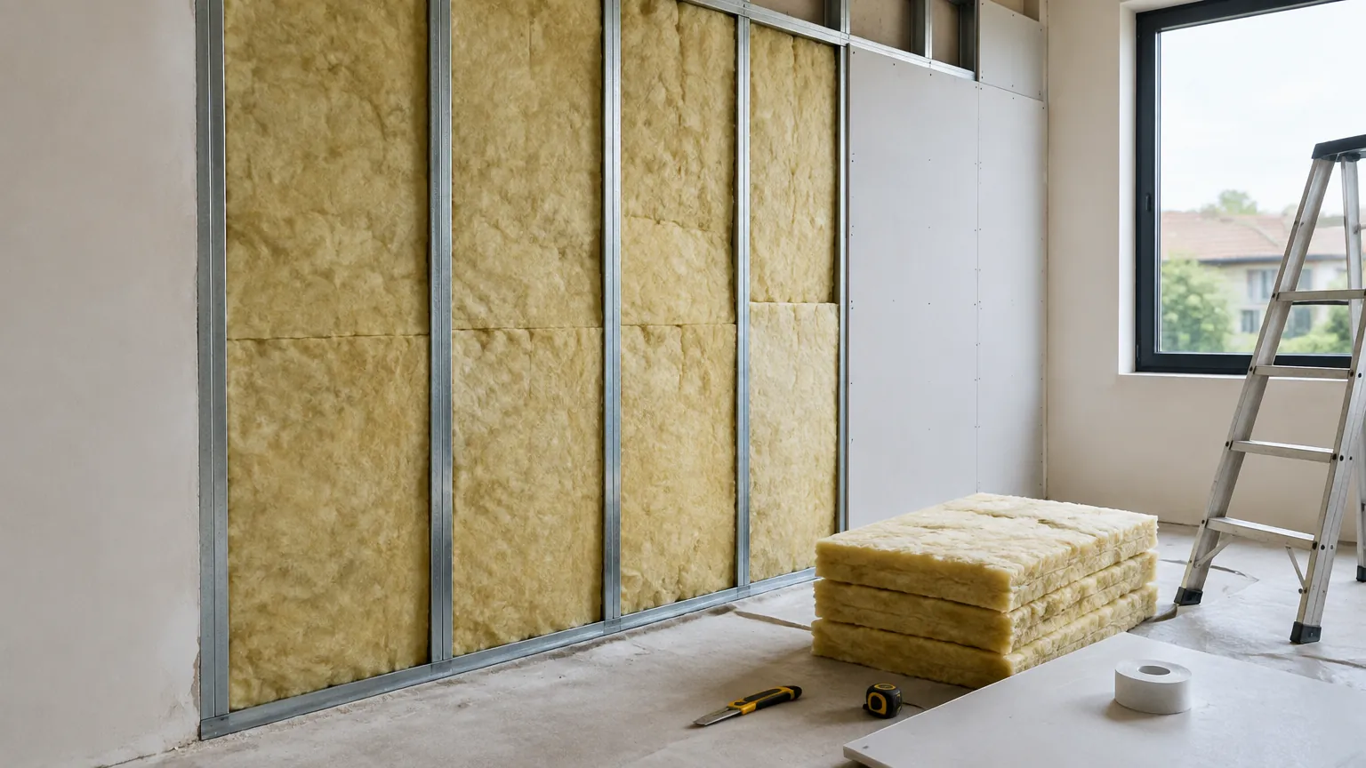 Rangka dinding dengan bahan insulasi kuning pada ruang yang belum selesai