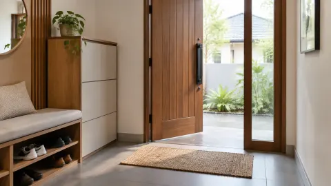 Foyer dengan pintu kayu dan tempat duduk di sisi masuk