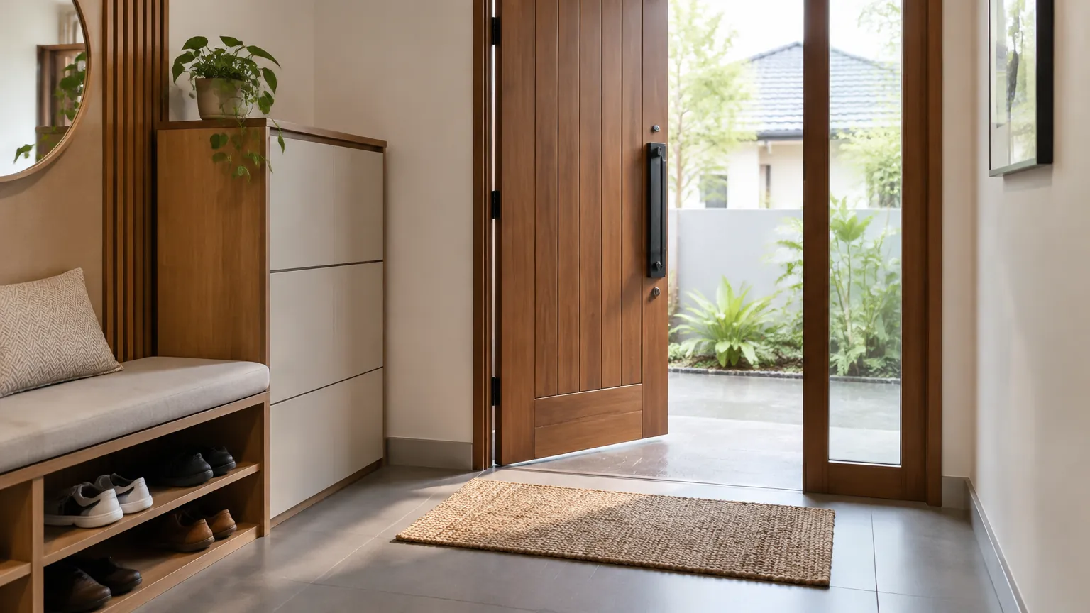 Foyer dengan pintu kayu dan tempat duduk di sisi masuk