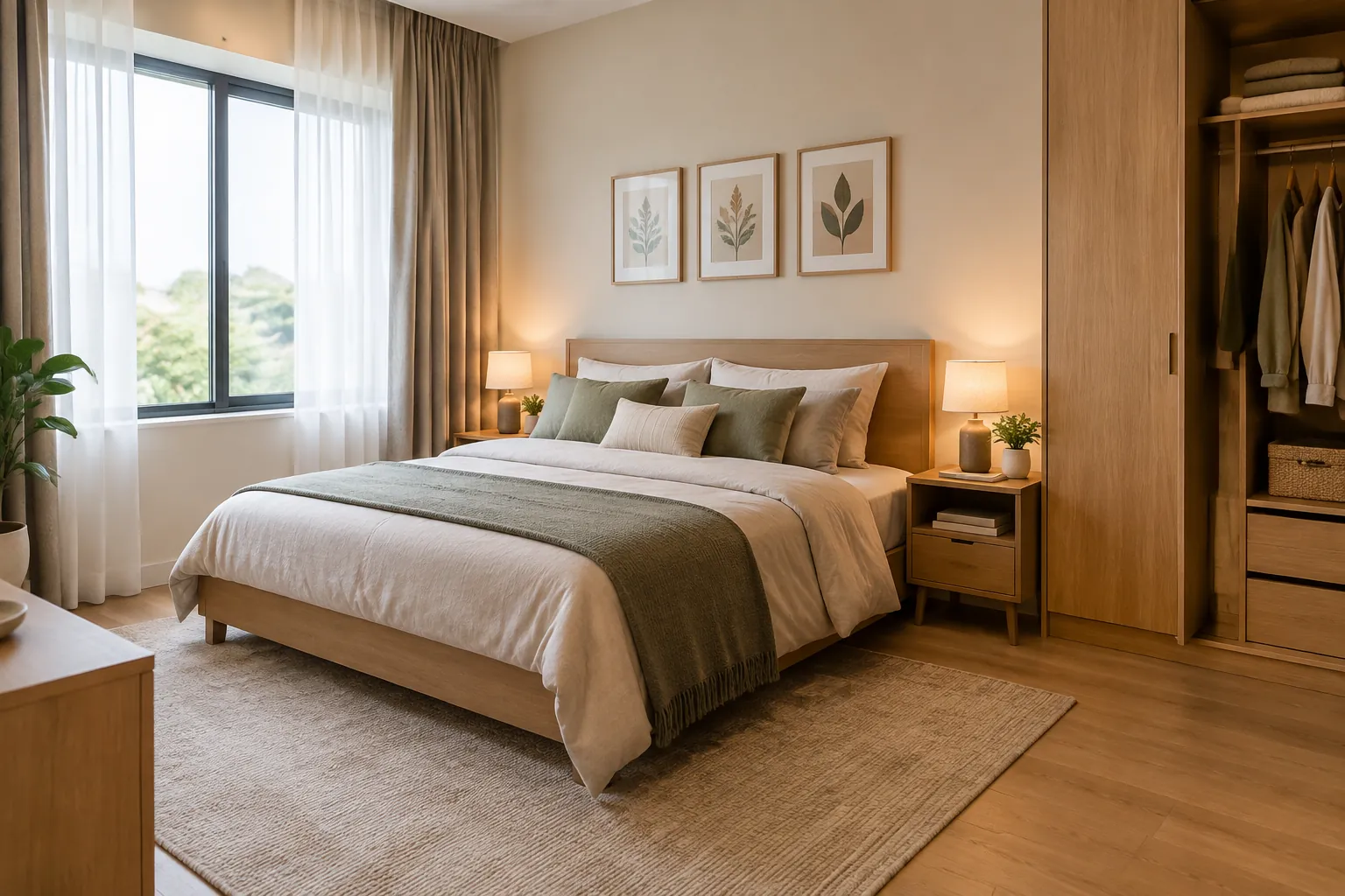 Kamar tidur dengan lampu hangat, tekstil netral, dan kayu