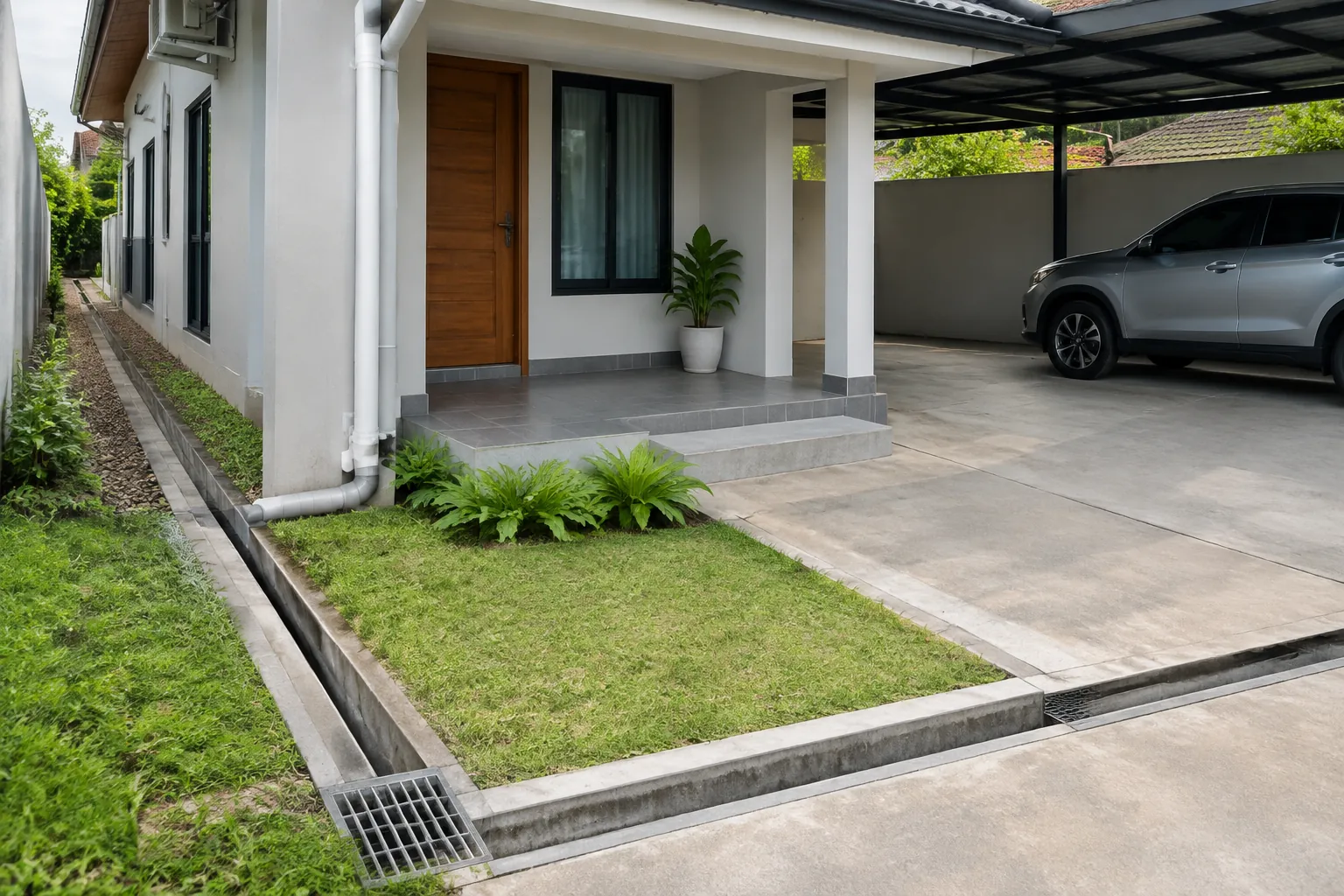 Air dari talang atap diarahkan ke tepi halaman dekat rumah