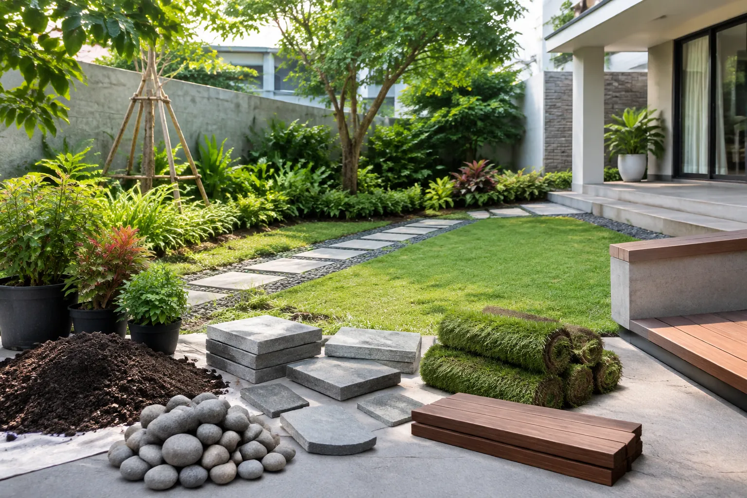 Bahan jalur dan rumput disiapkan untuk renovasi taman rumah