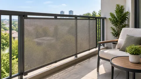 Balkon terbuka dengan pagar jaring dan kursi