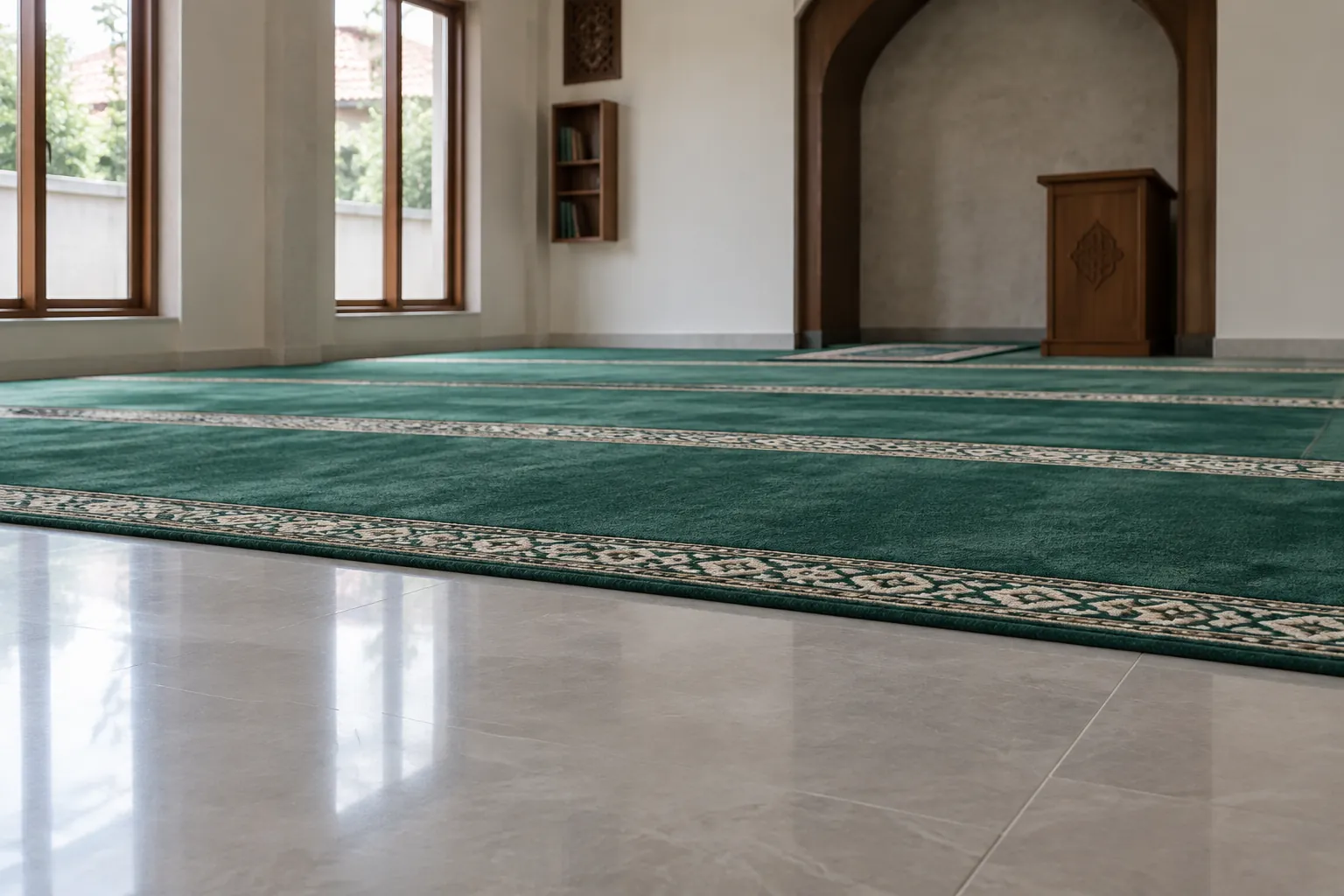 Karpet hijau mushola bertemu lantai batu terang