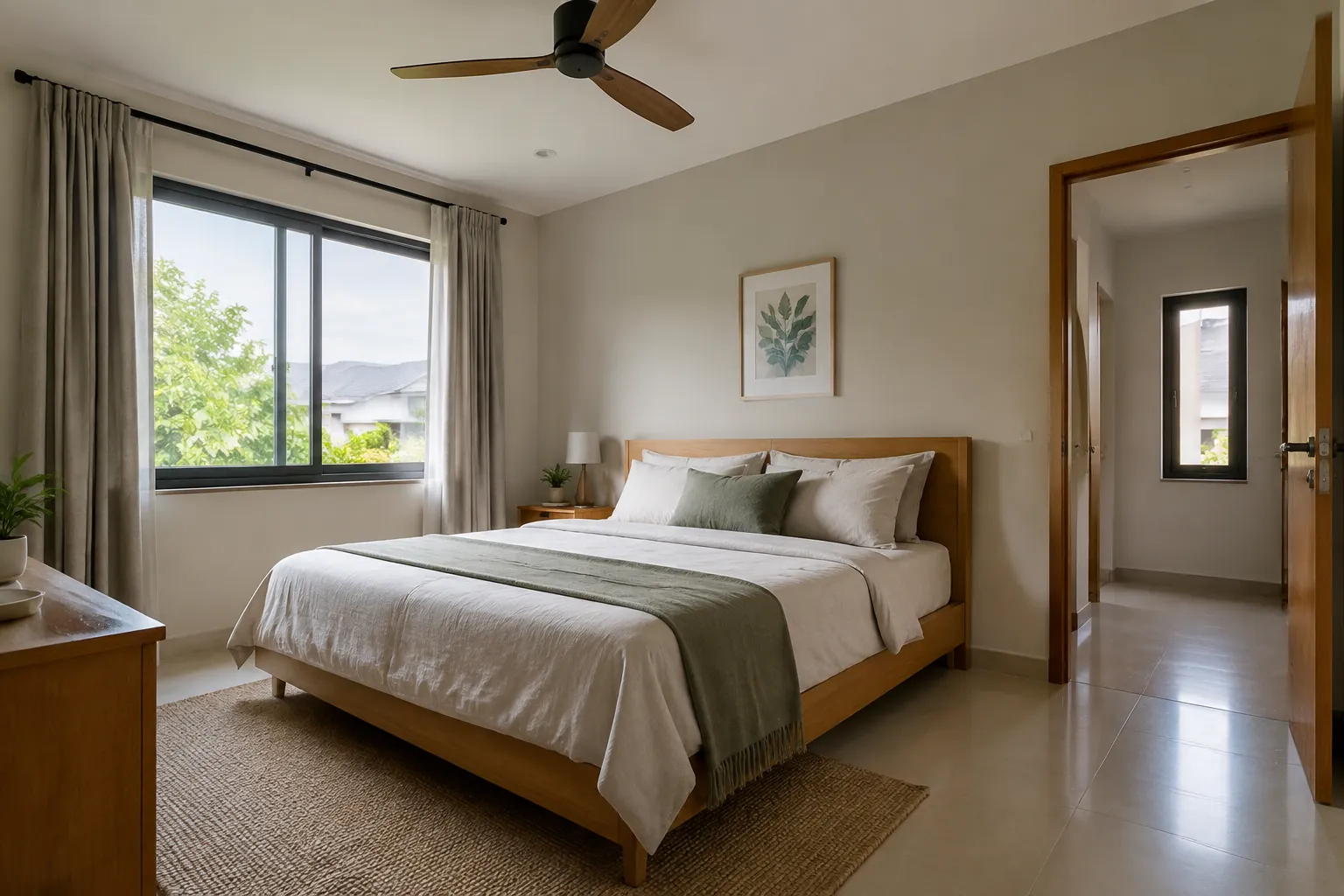 Kamar tidur dengan satu jendela dan pintu sebagai bukaan