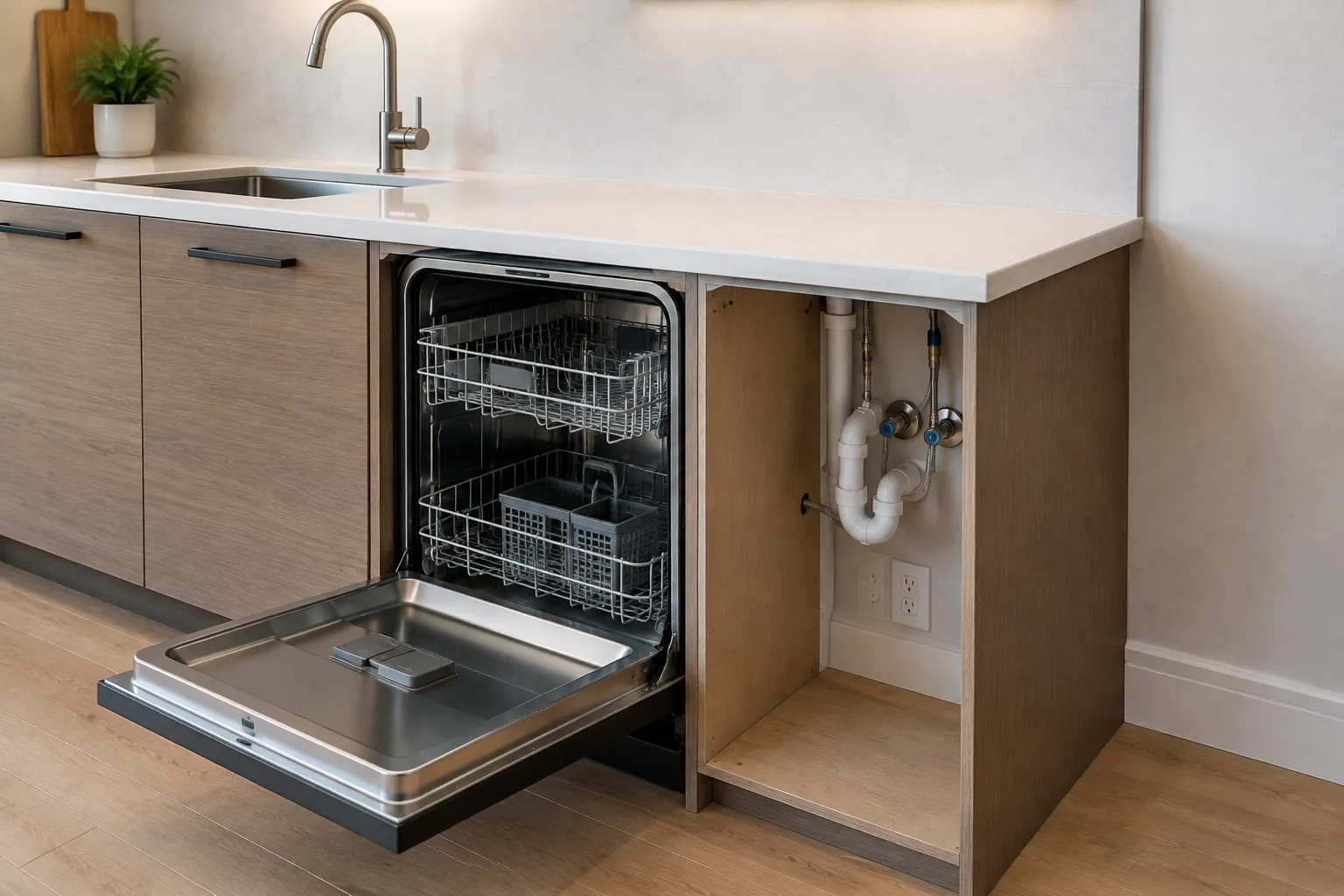 Kabinet dapur terbuka di samping alat pencuci piring