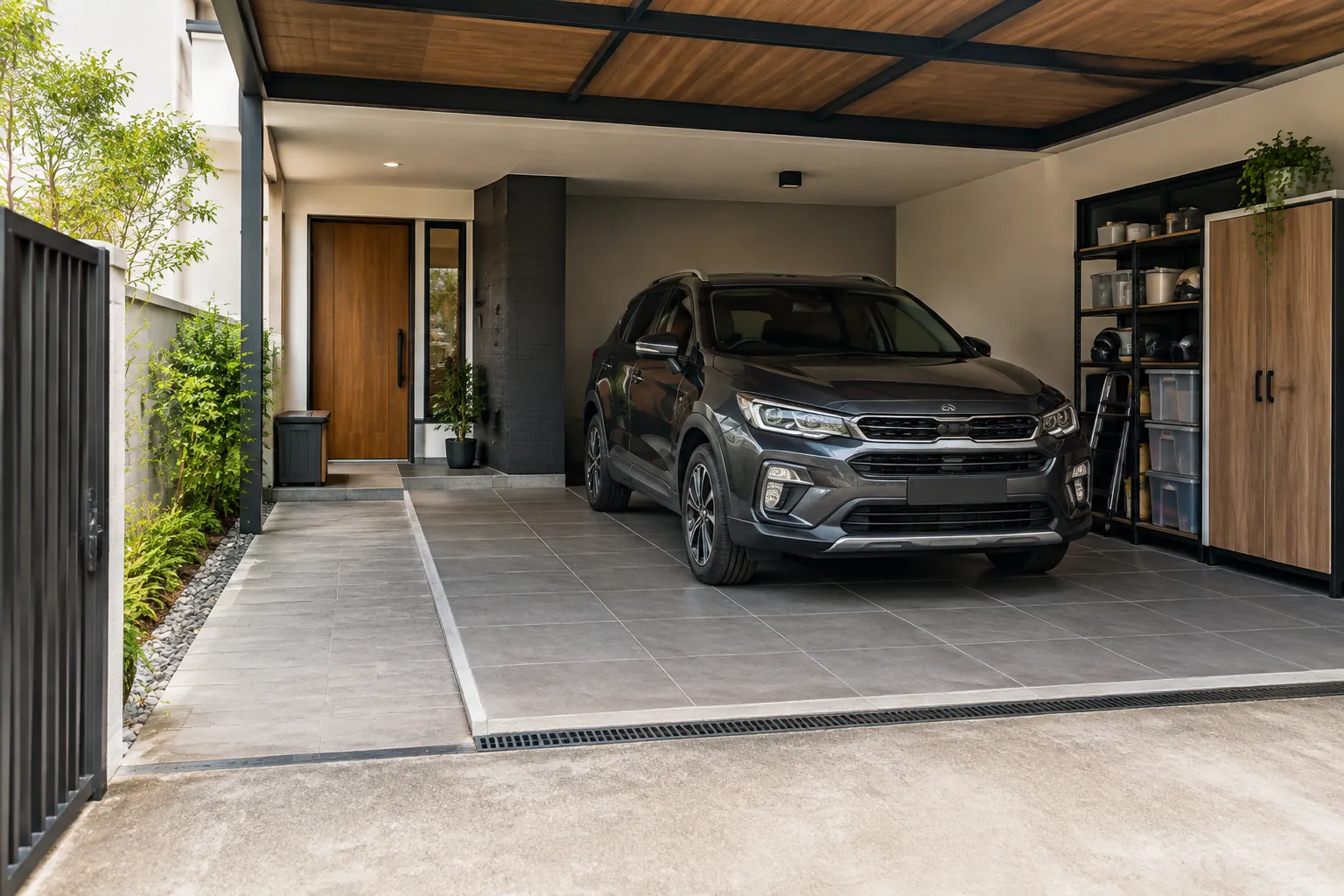 Petak mobil utama dipisahkan dari rak penyimpanan di sisi carport