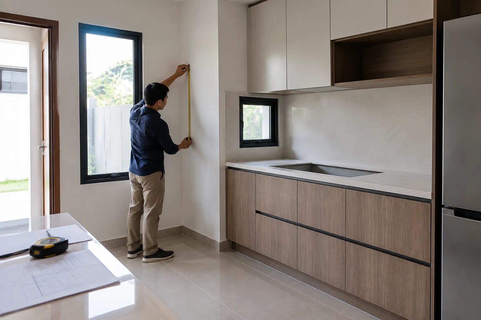 Pekerja memeriksa dinding sebelum pemasangan kitchen set