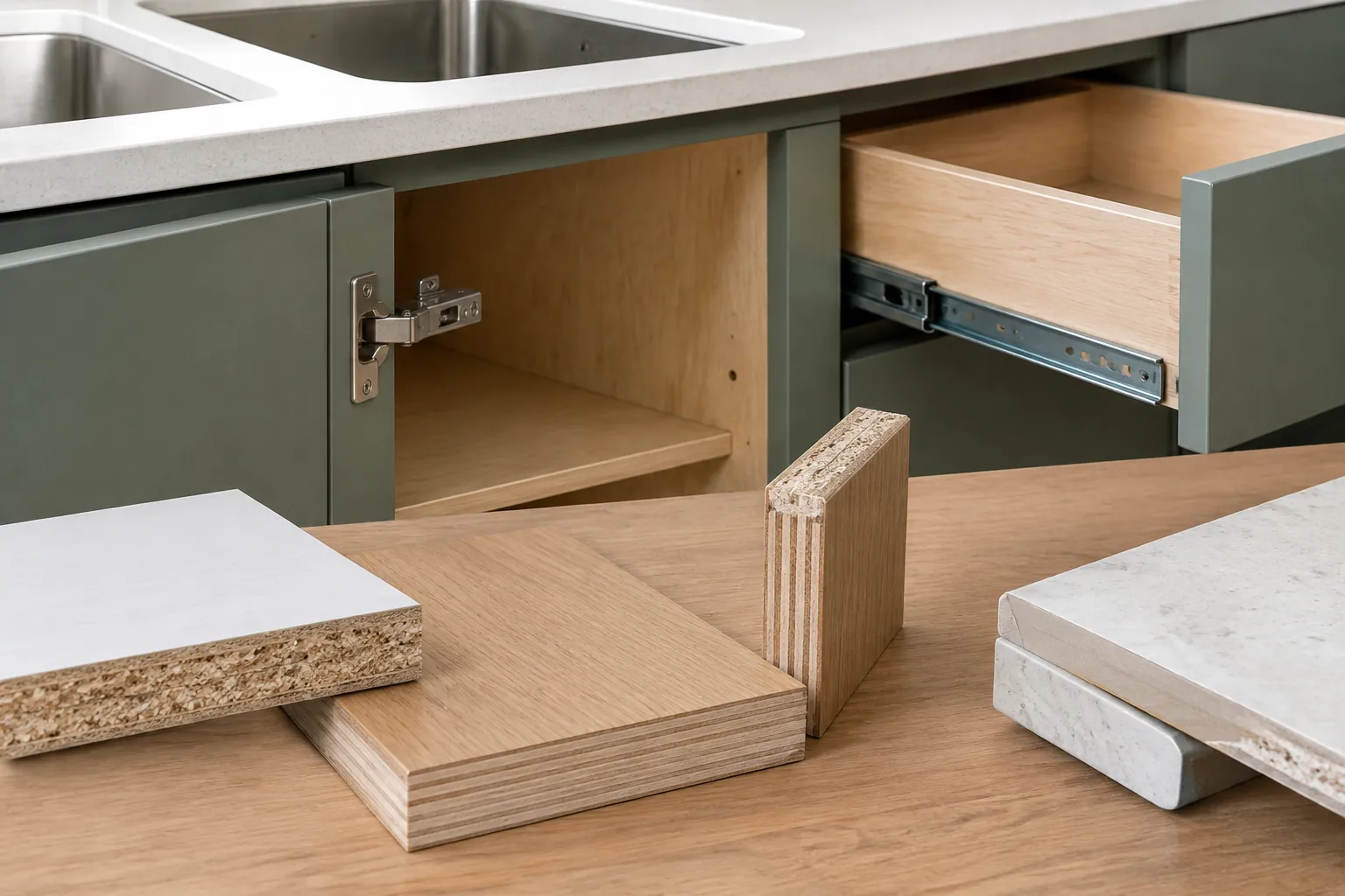 Contoh panel, engsel, dan rel laci kitchen set