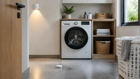 Ruang cuci dengan mesin cuci dan sensor kecil dekat lantai