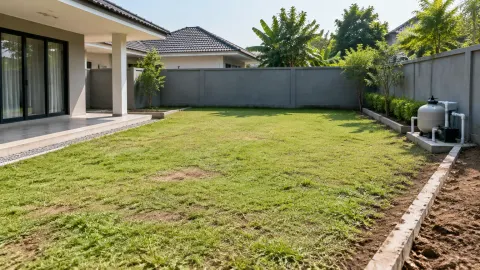 Halaman rumput di samping rumah dengan ruang terbuka yang luas