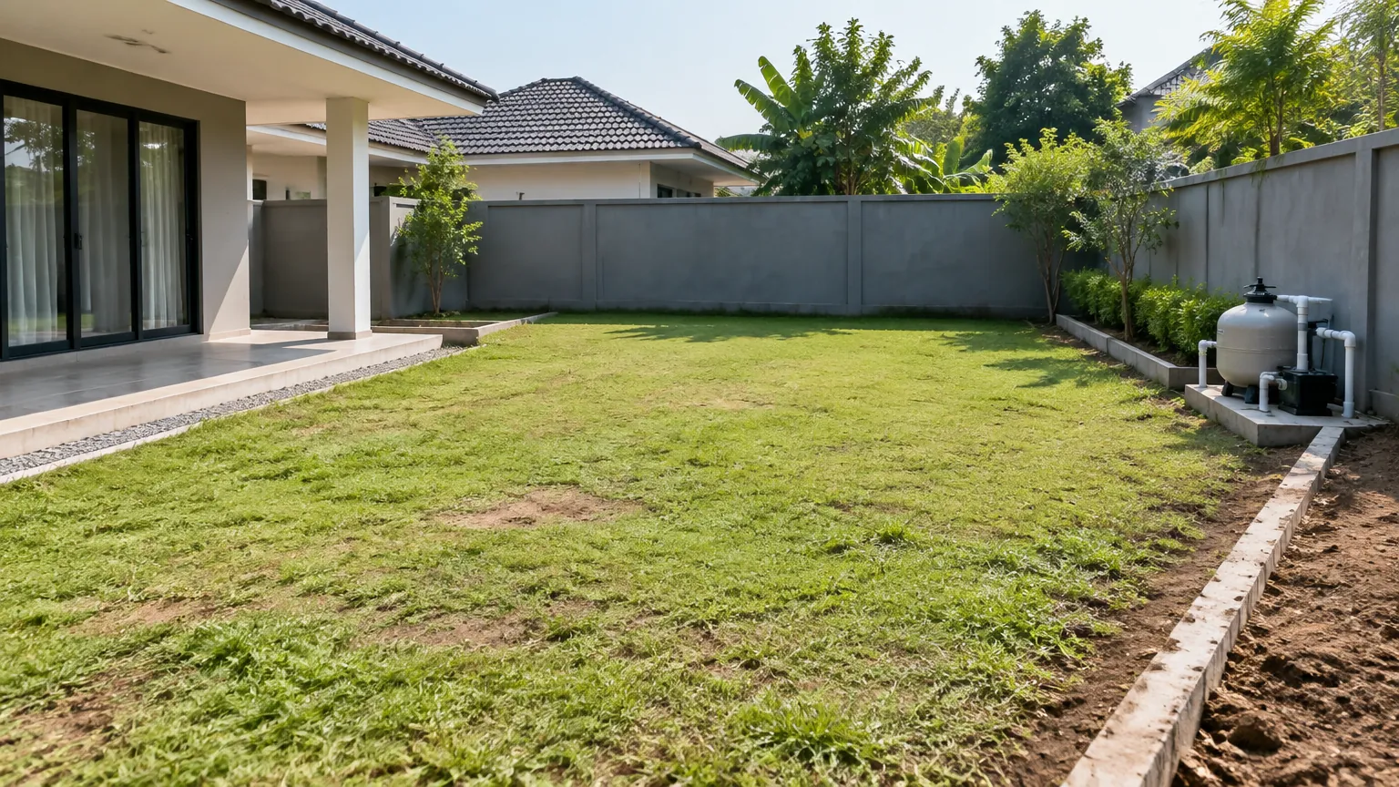Halaman rumput di samping rumah dengan ruang terbuka yang luas