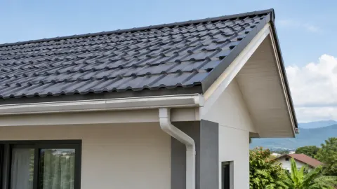 Atap genteng rumah dengan talang dan kemiringan yang jelas