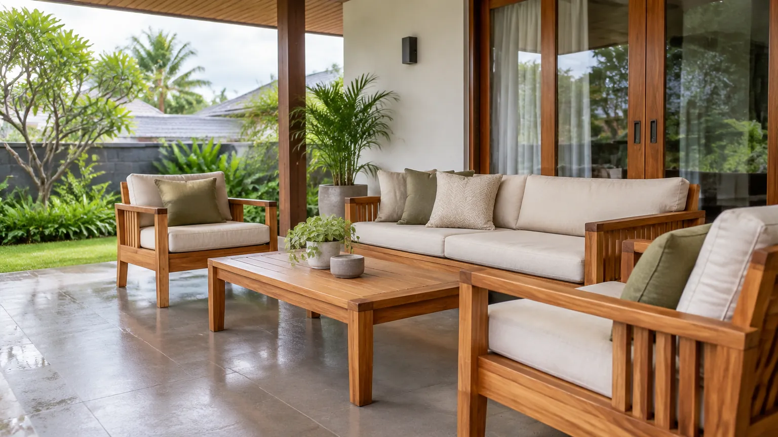 Set sofa dan kursi kayu pada teras yang teduh
