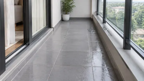 Balkon sempit berlantai keramik dengan saluran air