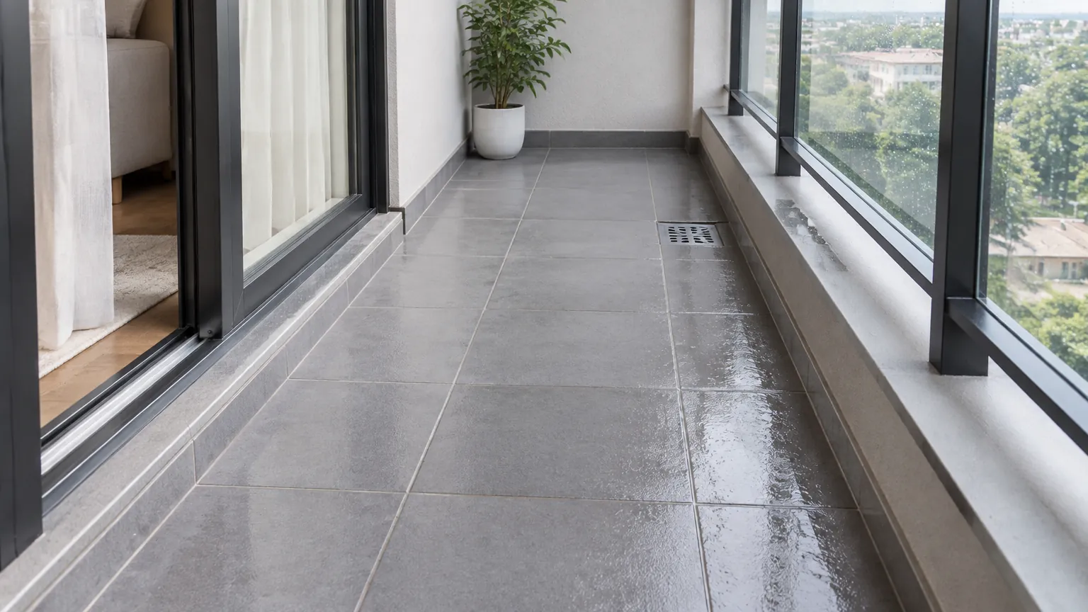 Balkon sempit berlantai keramik dengan saluran air