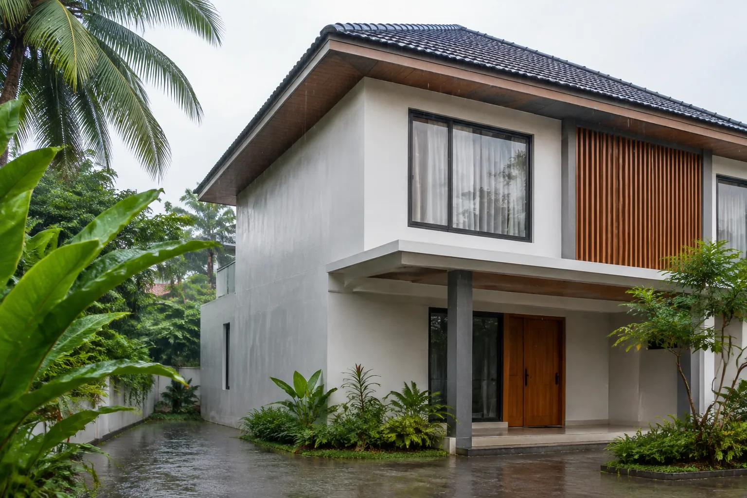 Rumah di lingkungan tropis dengan atap dan dinding luar terpapar hujan serta matahari