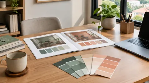 Sampel warna dan material di atas meja kerja
