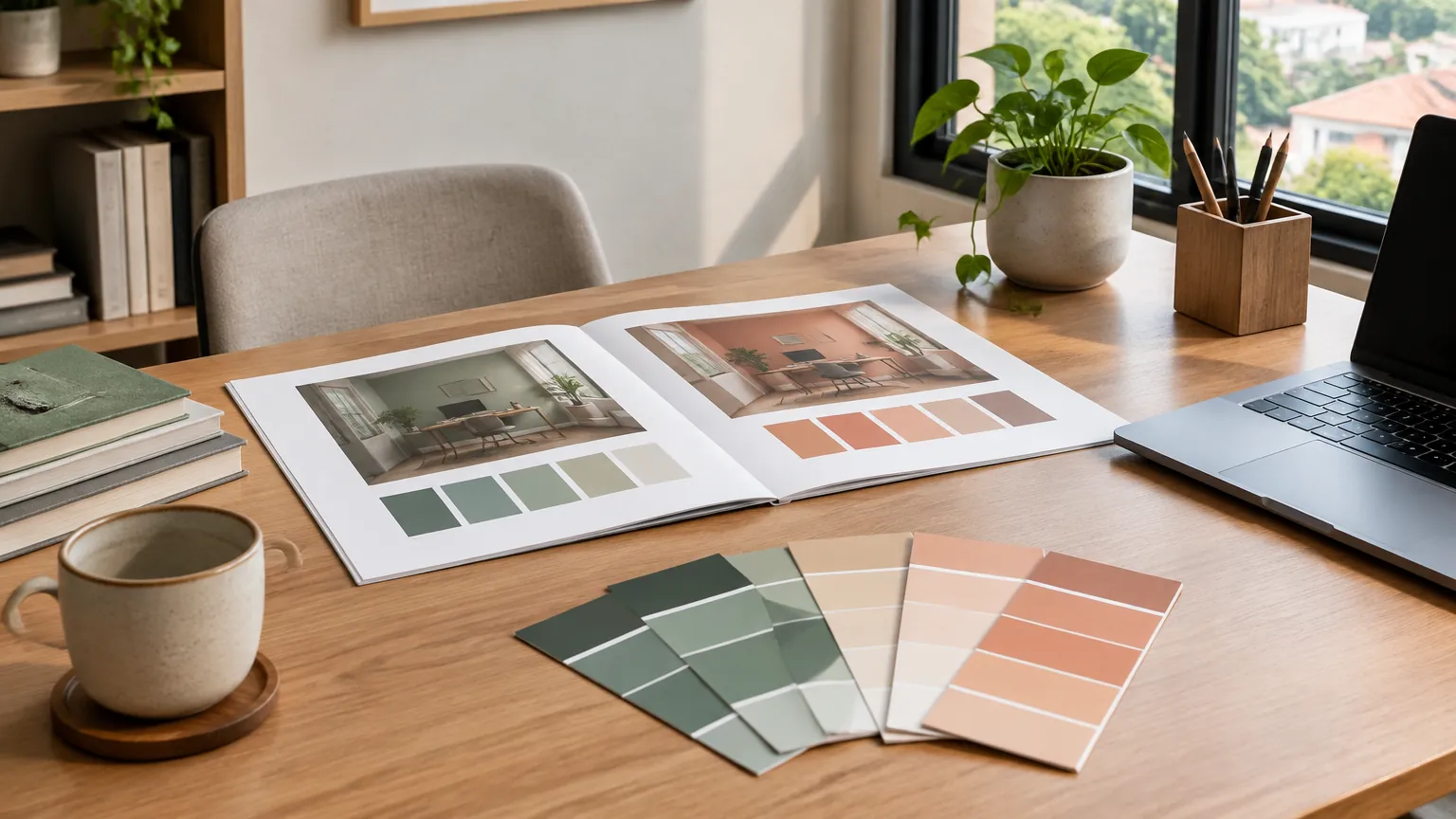 Sampel warna dan material di atas meja kerja