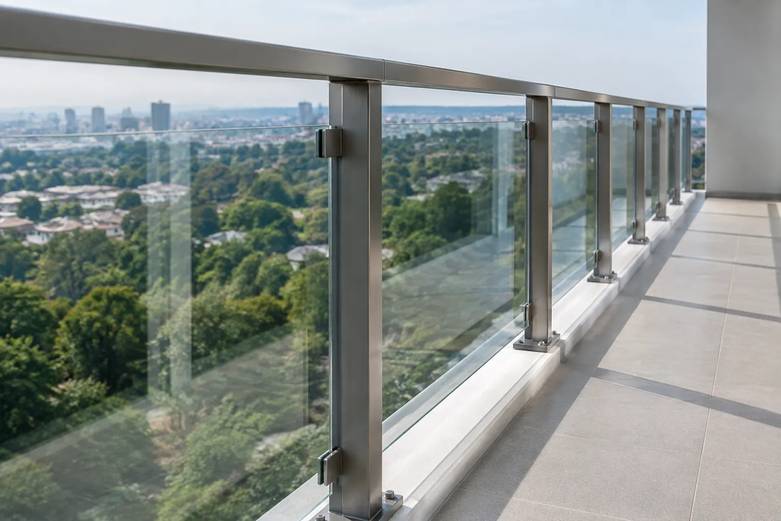 Detail tiang railing kaca pada balkon tinggi