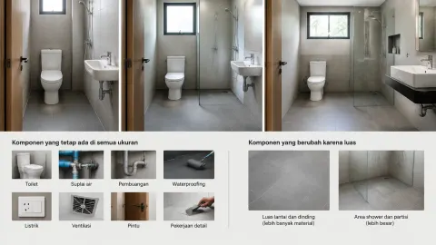Ilustrasi kamar mandi dengan ukuran berbeda dan komponen pekerjaan dasar