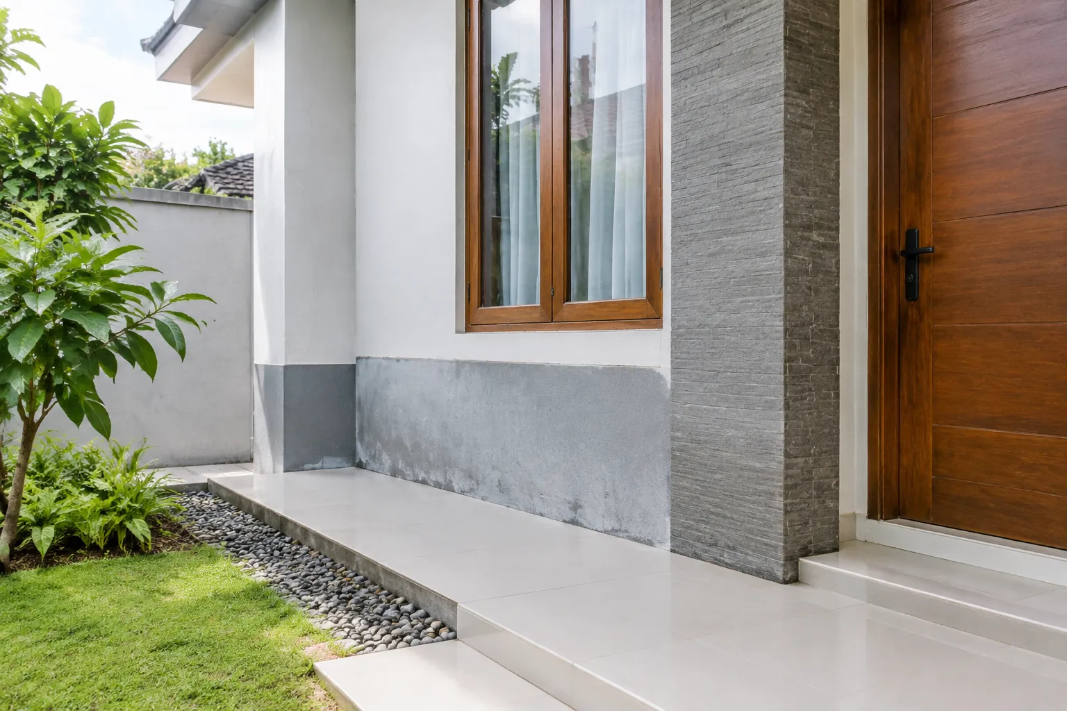 Bagian bawah dinding fasad tampak diperiksa dekat pintu rumah