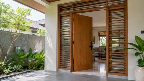 Pintu rumah dengan kisi ventilasi di kedua sisinya