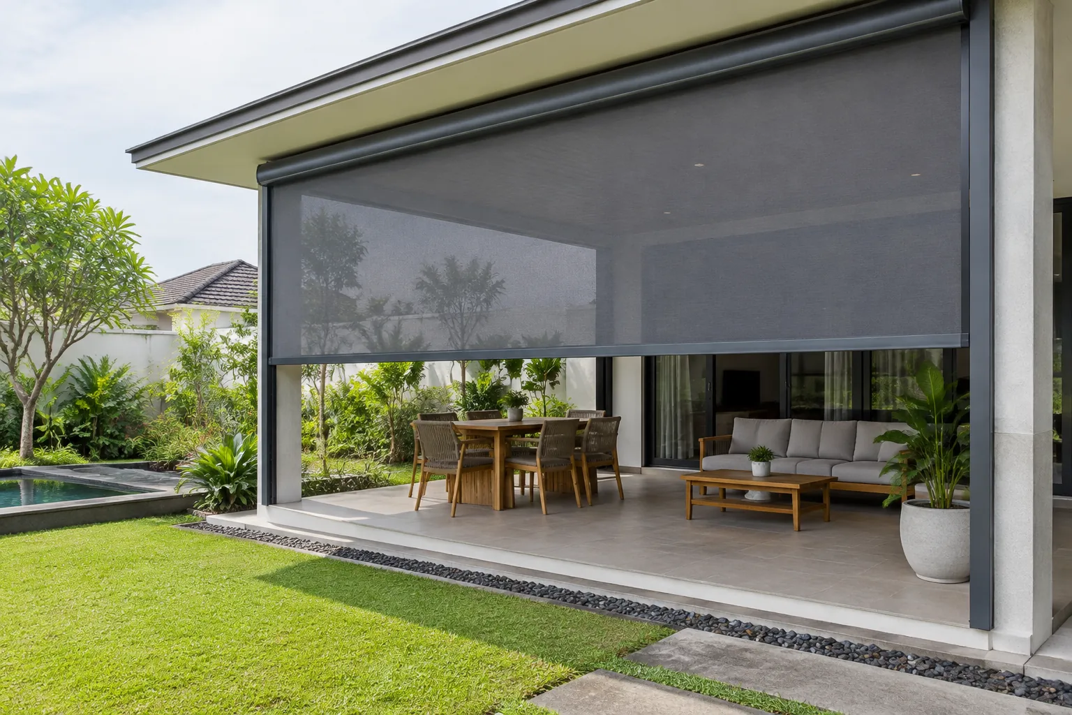 Outdoor screen meneduhkan teras terbuka di sisi rumah