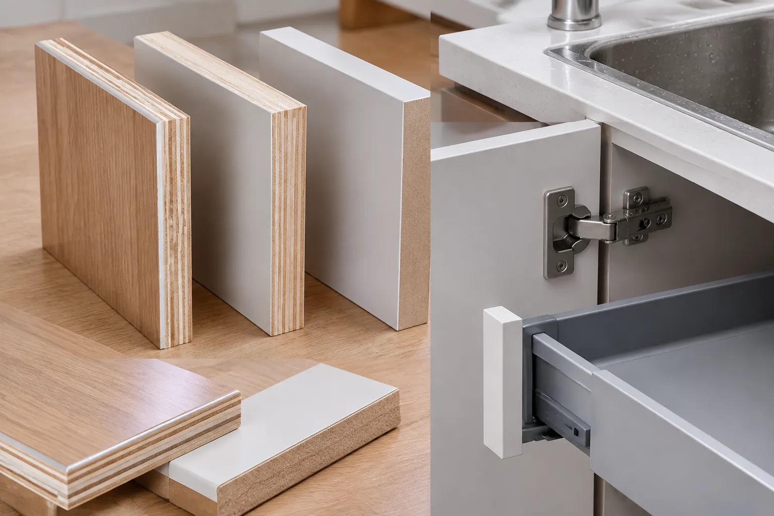 Sampel panel kabinet dan perlengkapan laci dapur