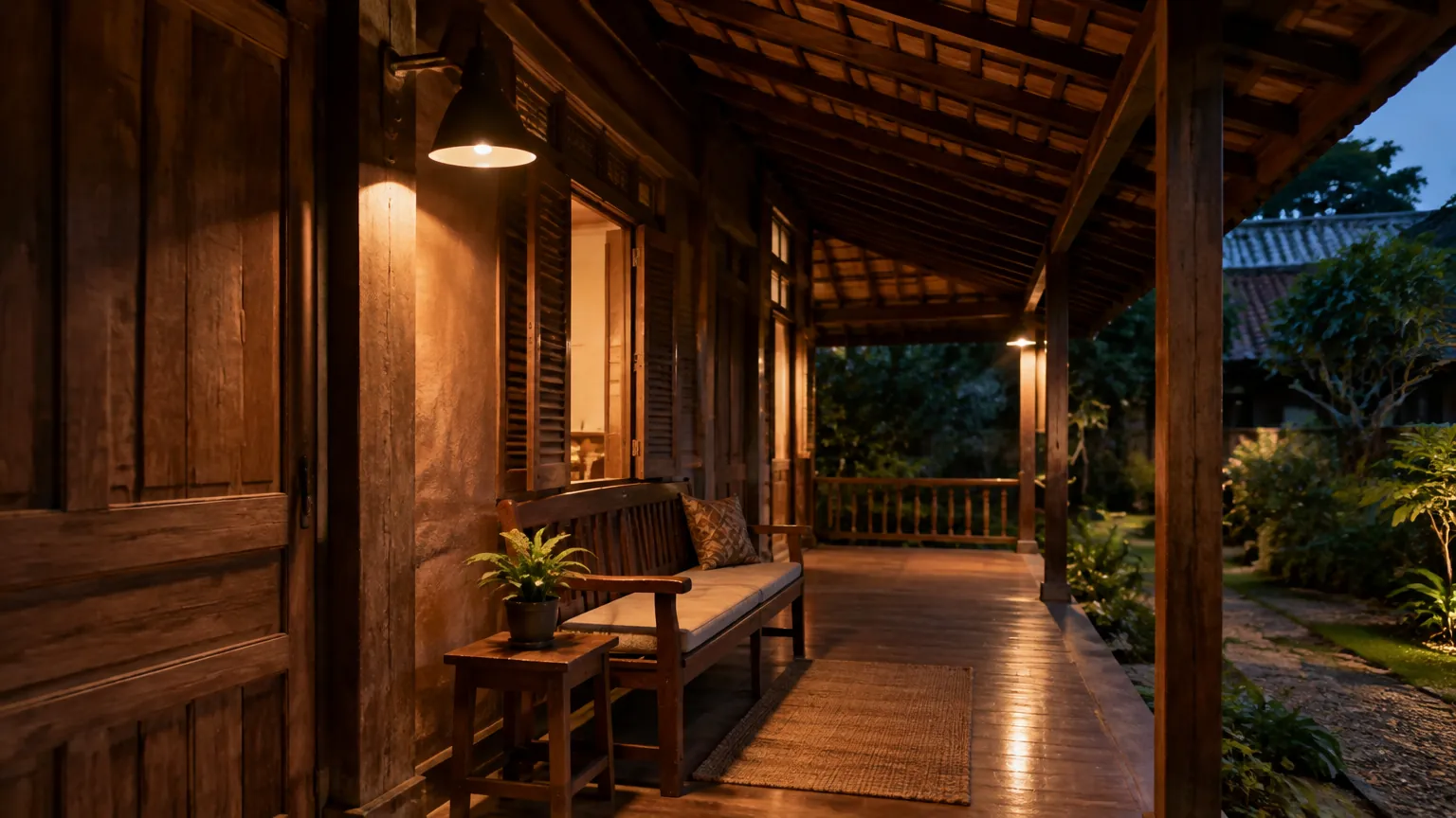 Teras kayu rumah tradisional dengan lampu menyala