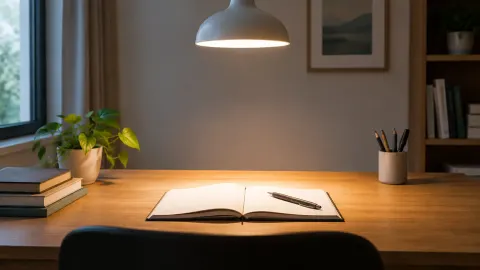 Lampu gantung menerangi meja baca